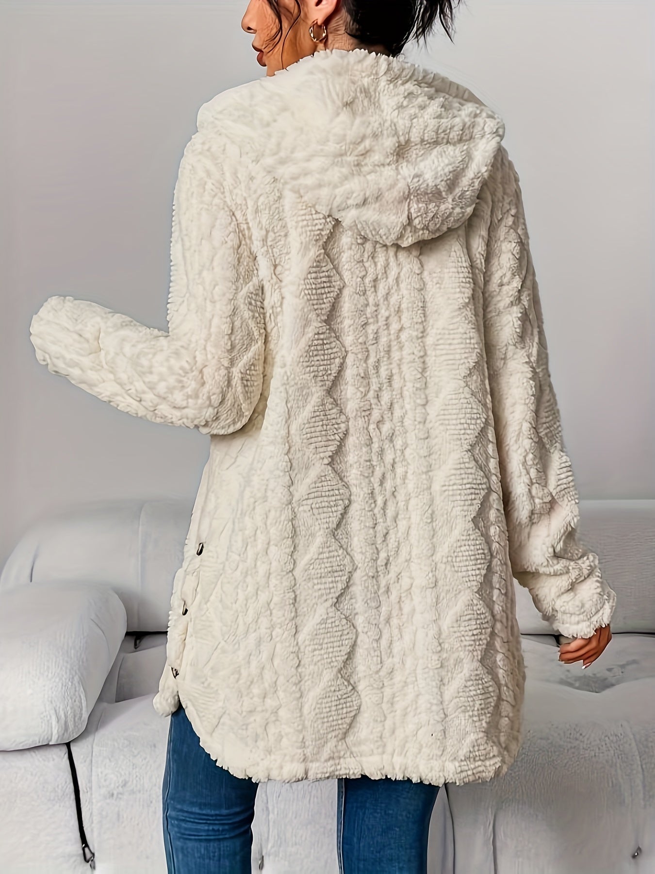 Manteau Peluche Jacquard Femme à Capuche Chaud Épais Cardigan Ouvert Automne Hiver Décontracté