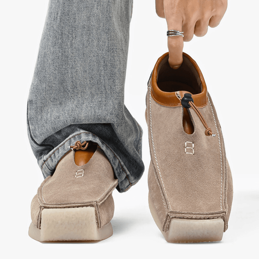 Mocassins en Cuir et Daim Bout Carré Fermeture à Cordon Semelle Rembourrée