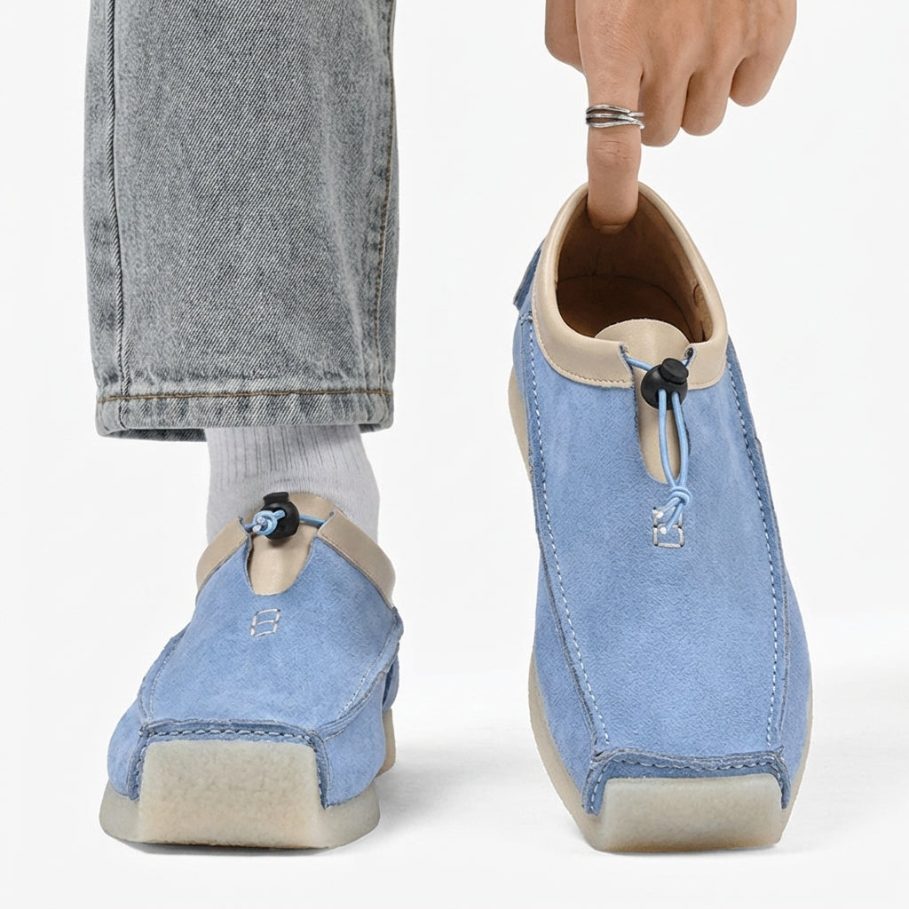 Mocassins en cuir et daim bout carré - Bleu