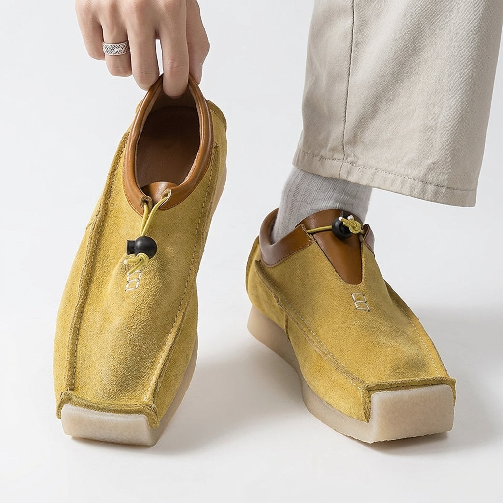 Mocassins en cuir et daim bout carré - Jaune