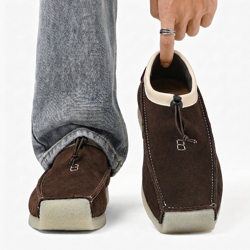 Mocassins en cuir et daim bout carré - Moka