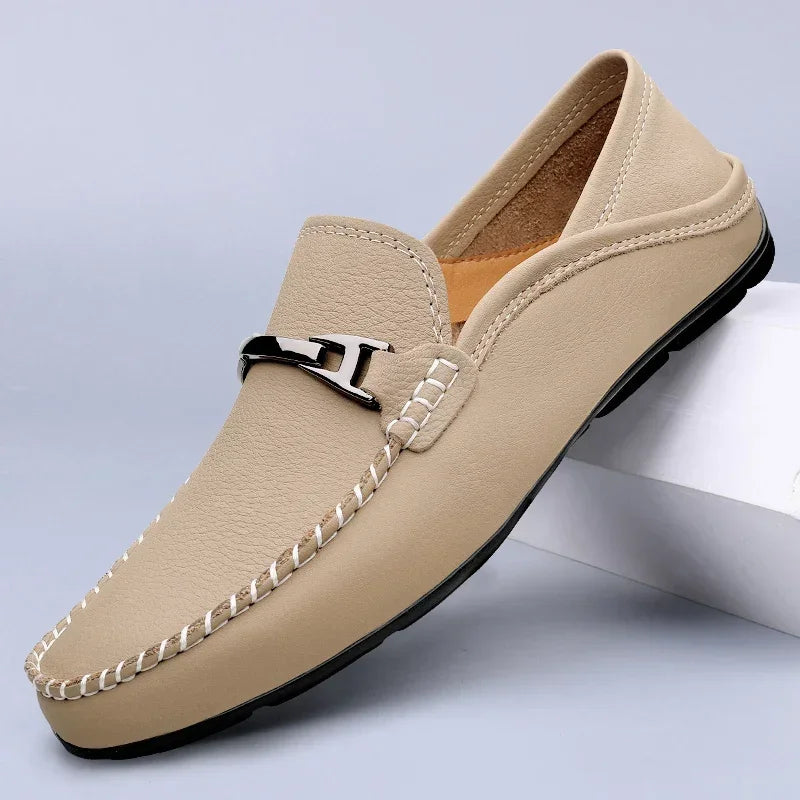 Mocassins en cuir véritable à mors métallique - Kaki