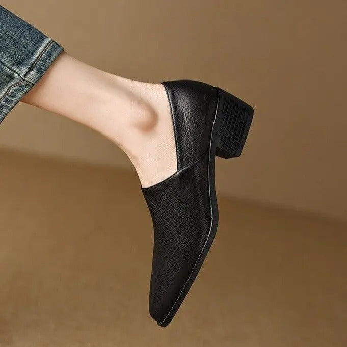Mocassins Femme Bout Pointu Talon Empilé Simili Cuir