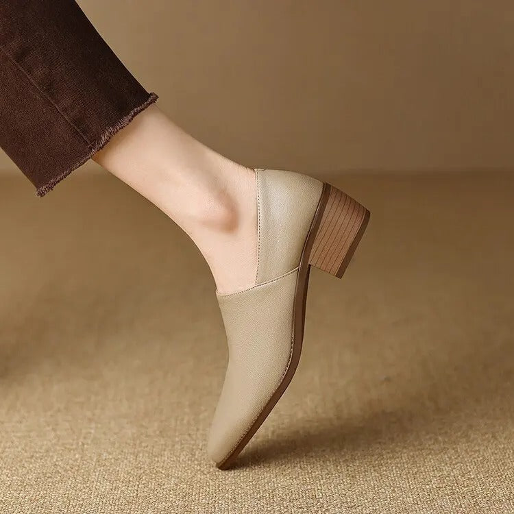 Mocassins femme bout pointu talon empilé - Beige