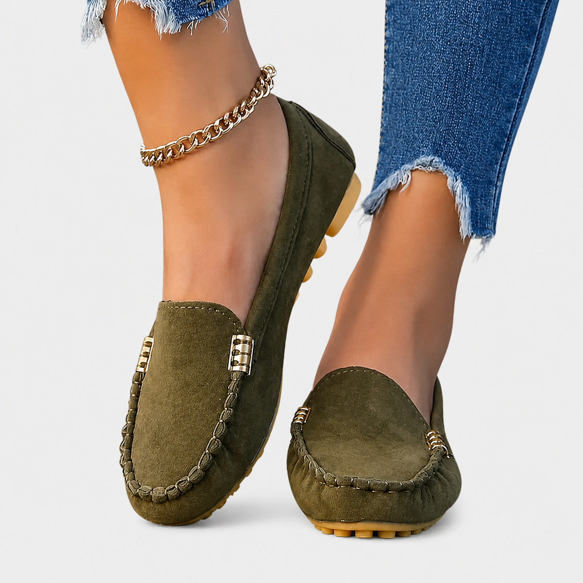 Mocassins femme faits main confort - Vert Olive