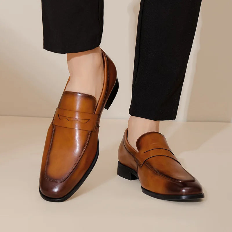 Mocassins Penny en Cuir Finition Patinée Semelle Antidérapante