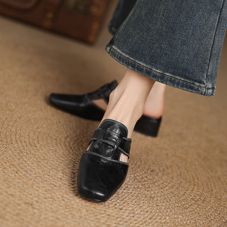 Mules cuir femme bout carré talon bloc