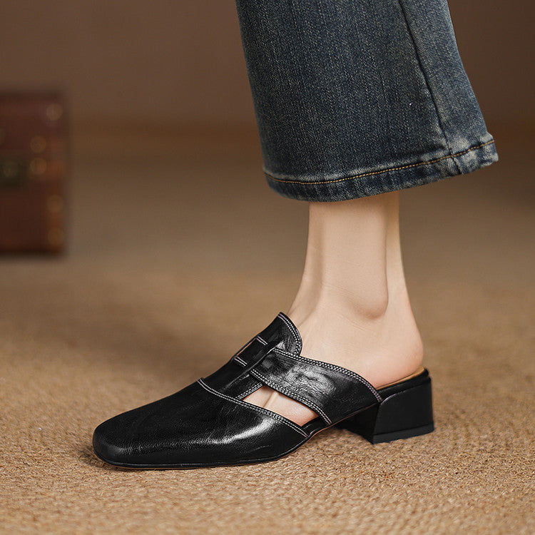 Mules cuir femme bout carré talon bloc