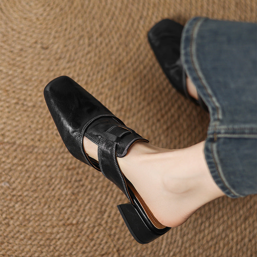 Mules cuir femme bout carré talon bloc