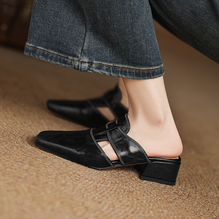 Mules cuir femme bout carré talon bloc