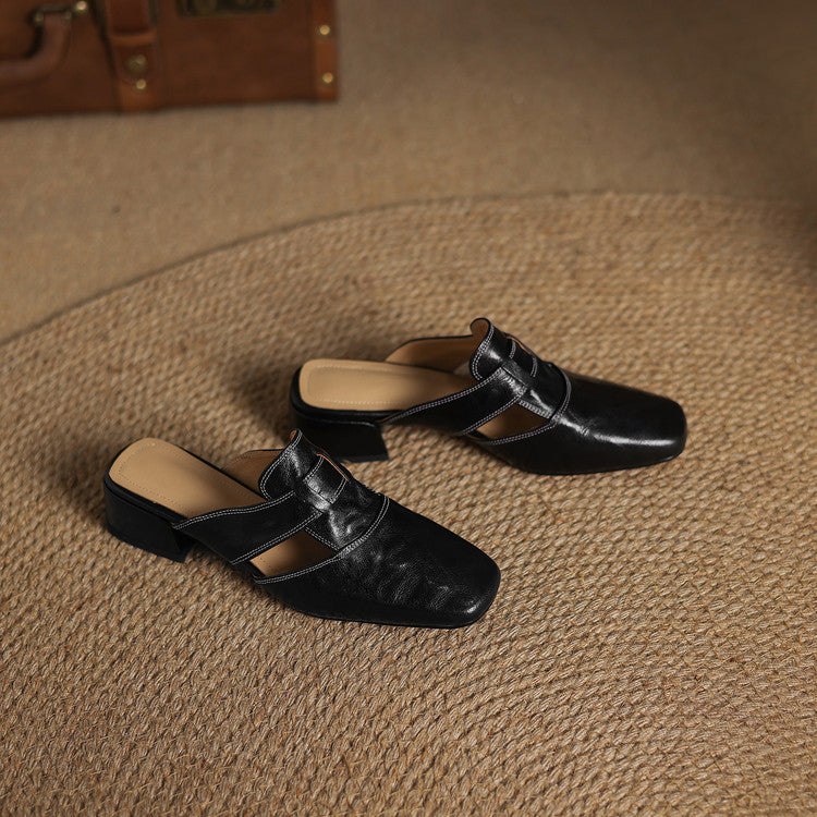 Mules cuir femme bout carré talon bloc