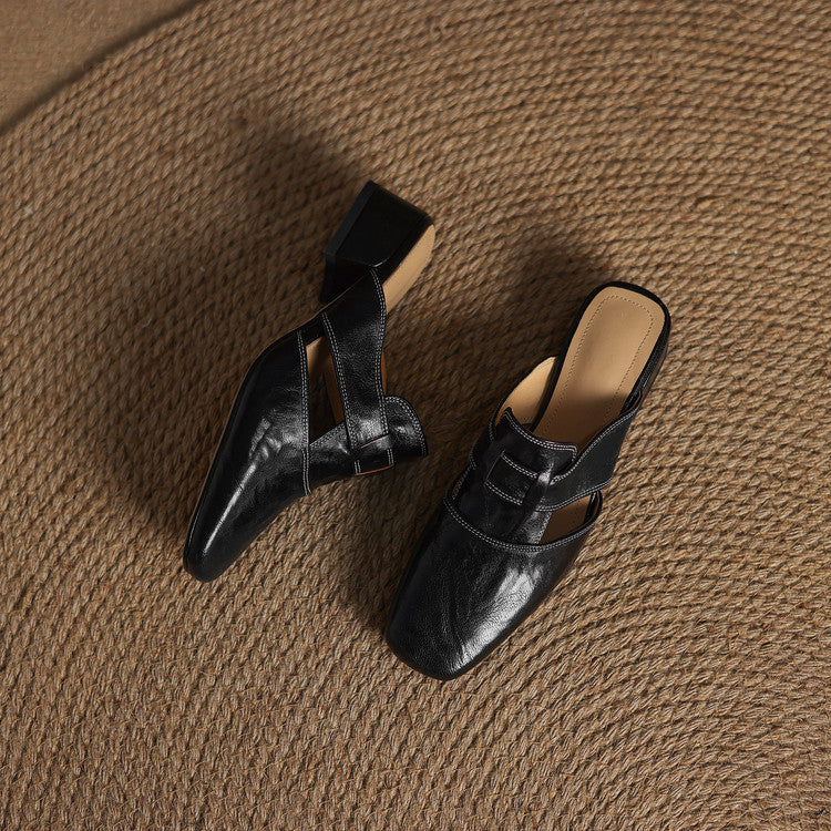 Mules cuir femme bout carré talon bloc