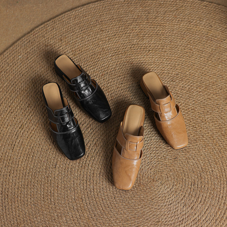 Mules cuir femme bout carré talon bloc