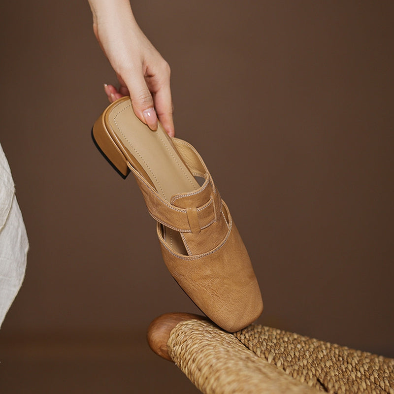 Mules cuir femme bout carré talon bloc