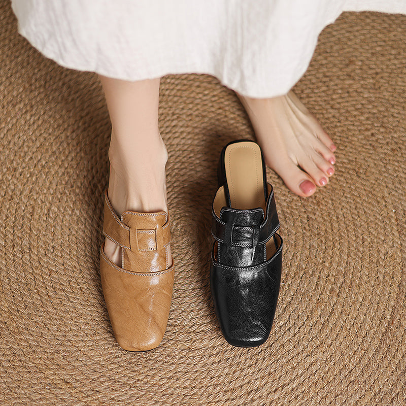Mules cuir femme bout carré talon bloc