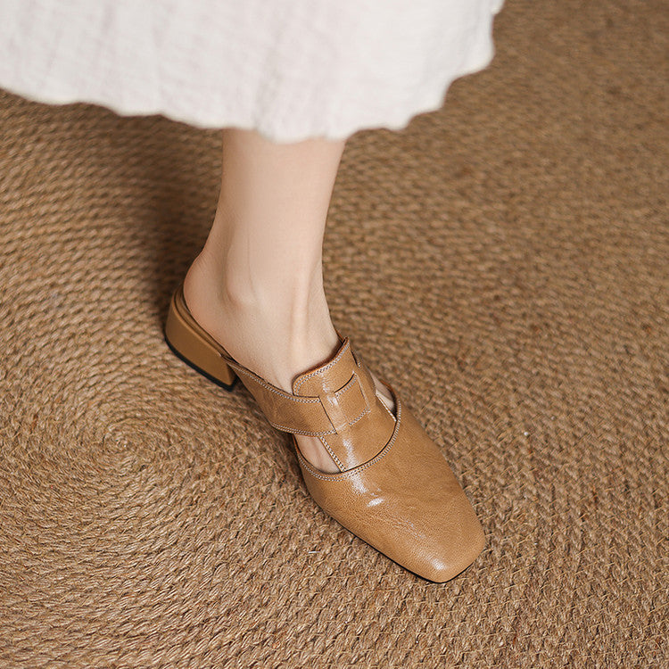 Mules cuir femme bout carré talon bloc