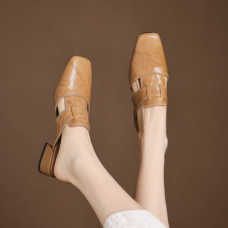 Mules cuir femme bout carré talon bloc