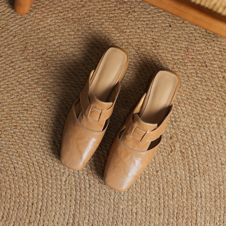 Mules cuir femme bout carré talon bloc
