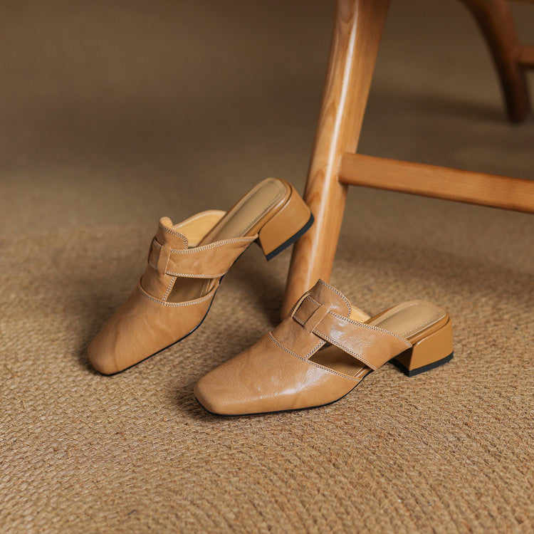 Mules cuir femme bout carré talon bloc
