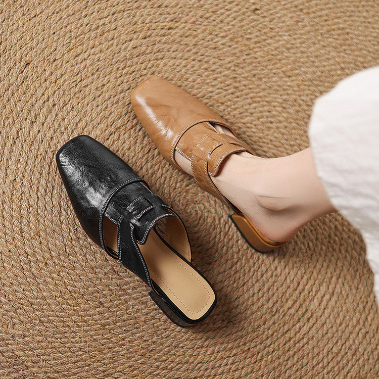 Mules cuir femme bout carré talon bloc