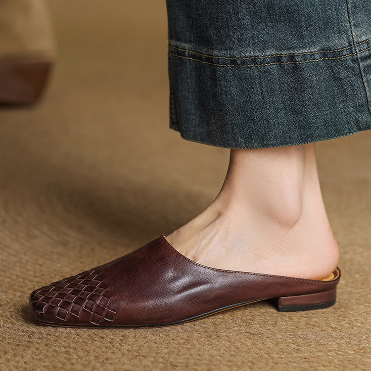 Mules en cuir véritable femme tissées