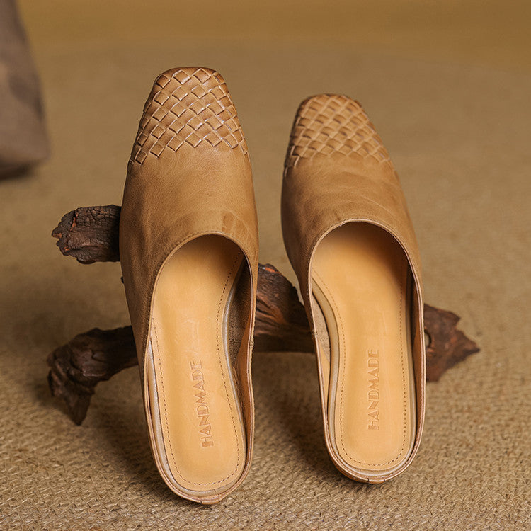 Mules en cuir véritable femme tissées