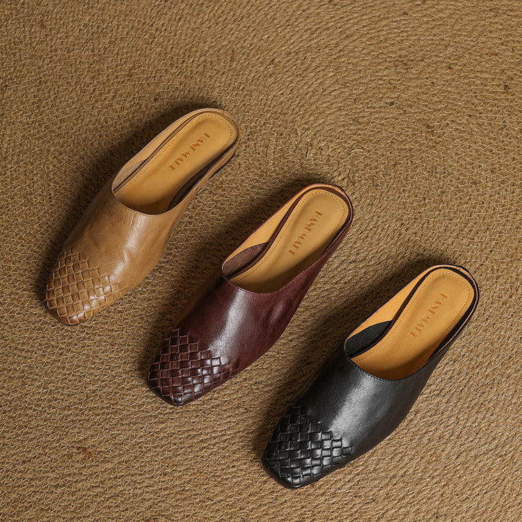 Mules en cuir véritable femme tissées