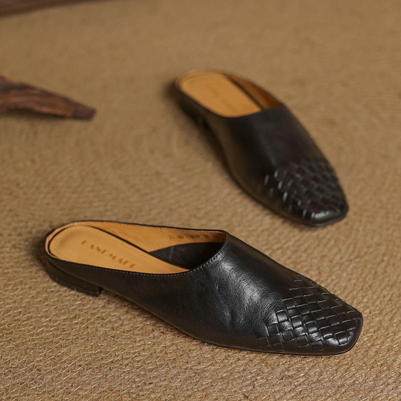 Mules en cuir véritable femme tissées - Noir