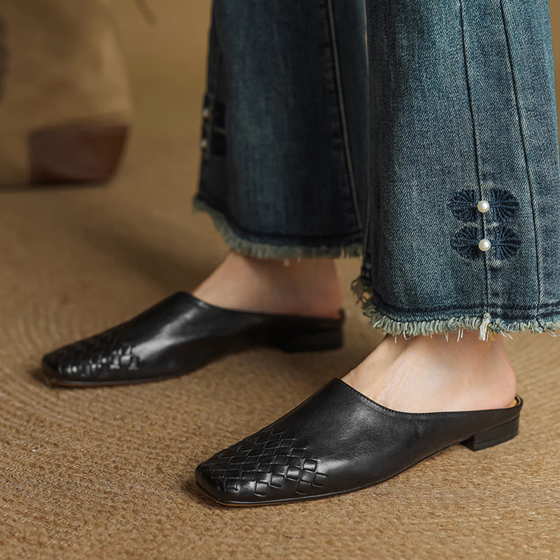 Mules en cuir véritable femme tissées