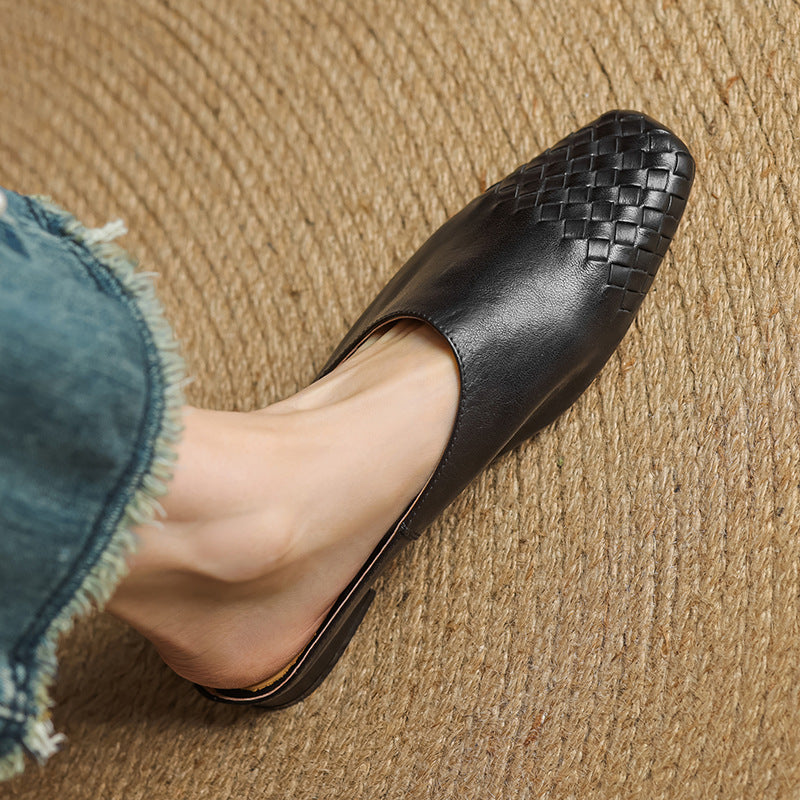 Mules en cuir véritable femme tissées