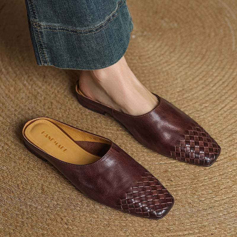 Mules en cuir véritable femme tissées - Marron