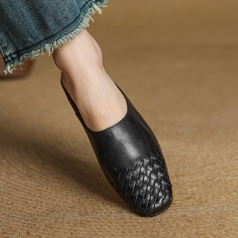 Mules en cuir véritable femme tissées