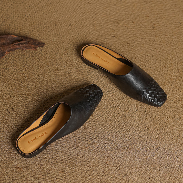 Mules en cuir véritable femme tissées