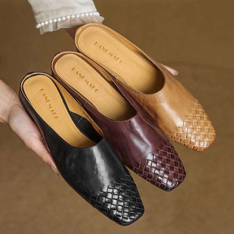 Mules en cuir véritable femme tissées