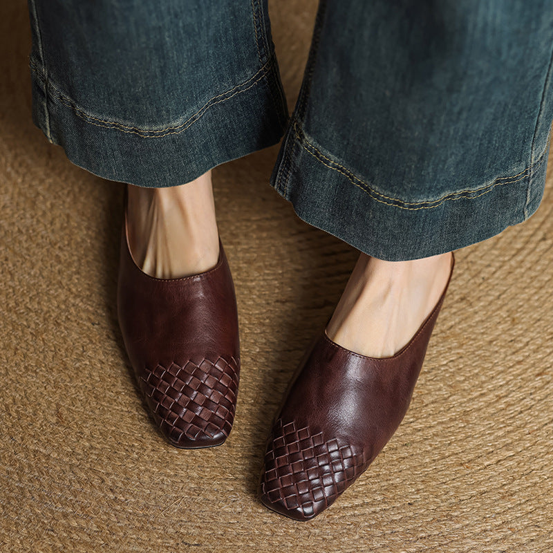 Mules en cuir véritable femme tissées