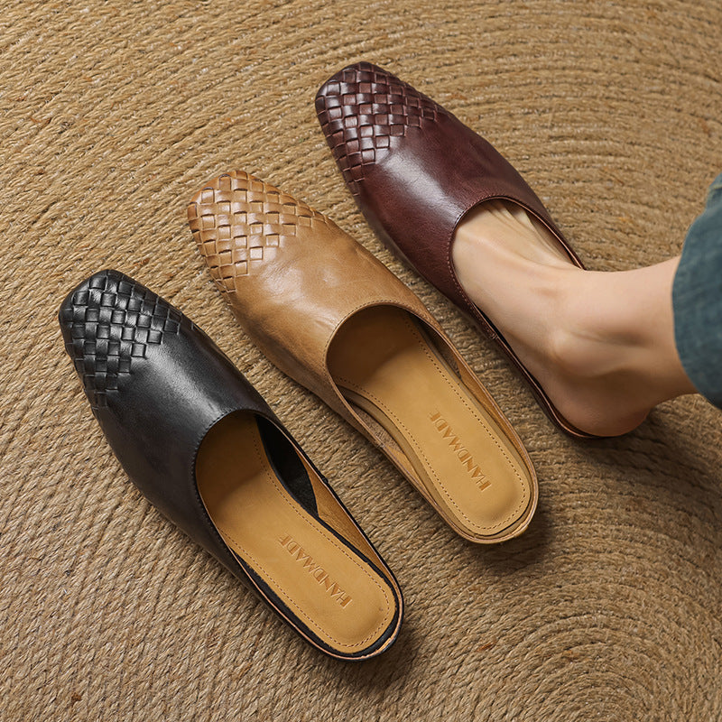 Mules en cuir véritable femme tissées