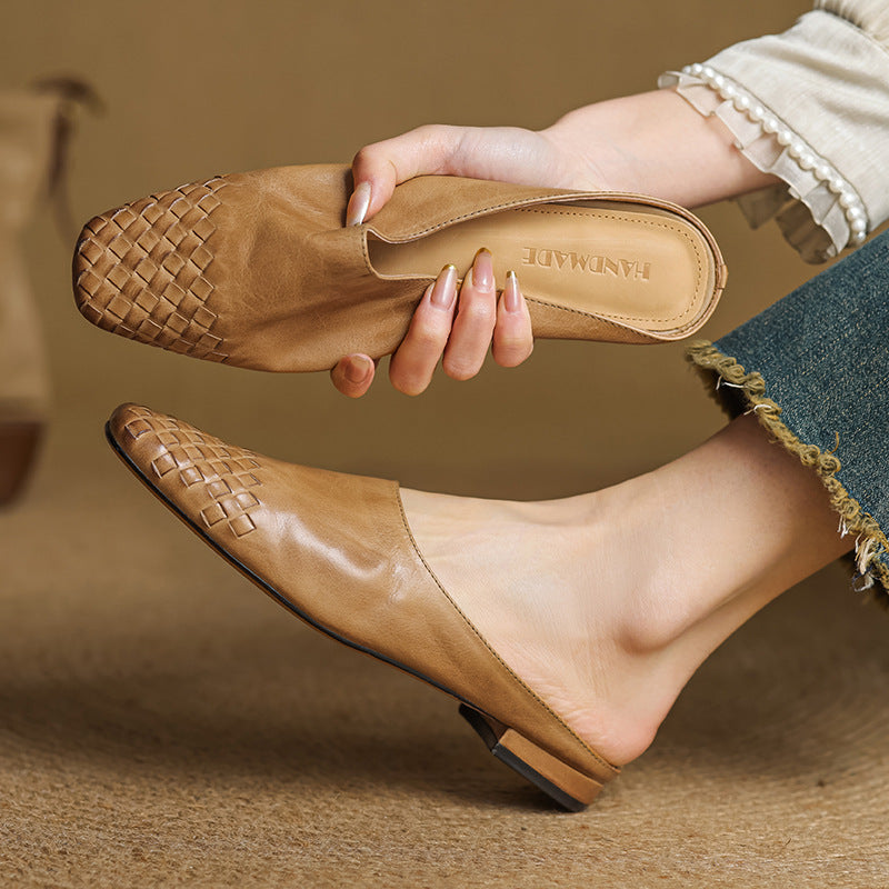 Mules en cuir véritable femme tissées - Abricot