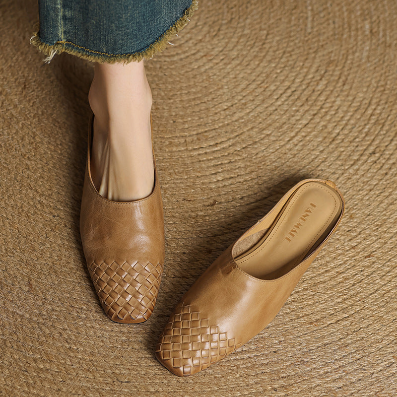 Mules en cuir véritable femme tissées