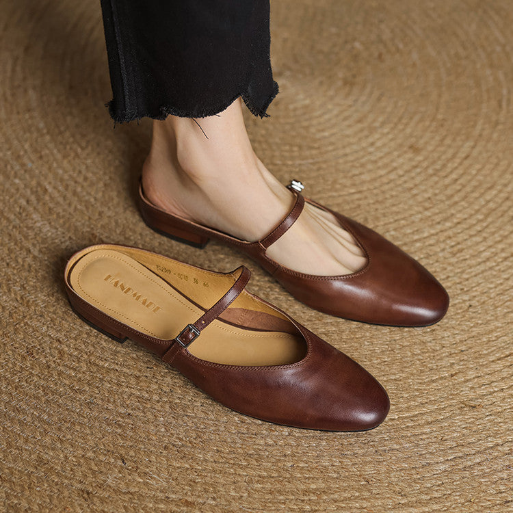 Mules femme en cuir véritable bout amande bride boucle