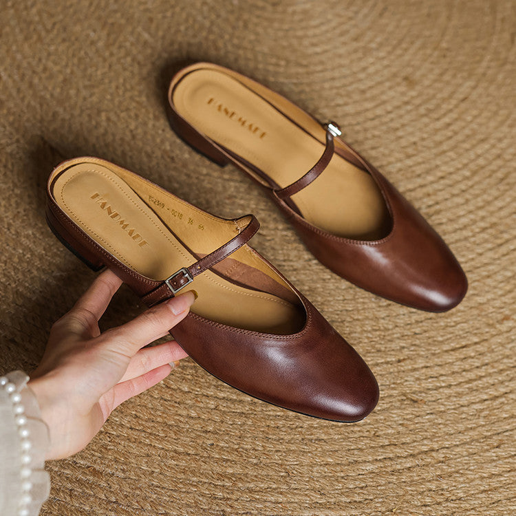 Mules femme en cuir véritable bout amande bride boucle