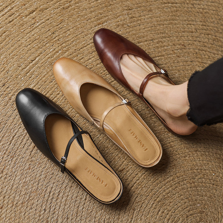 Mules femme en cuir véritable bout amande bride boucle