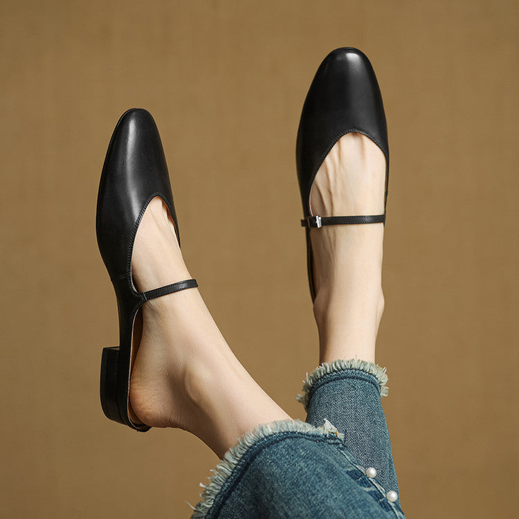 Mules femme en cuir véritable bout amande bride boucle - Noir