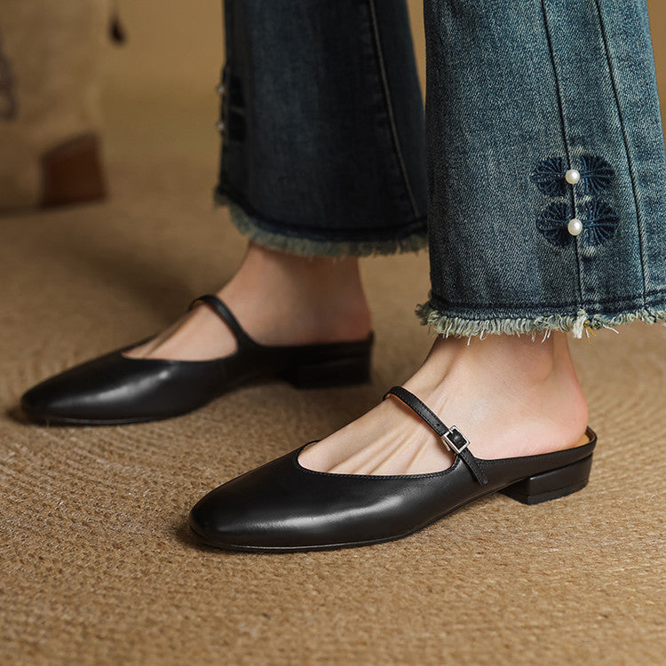 Mules femme en cuir véritable bout amande bride boucle