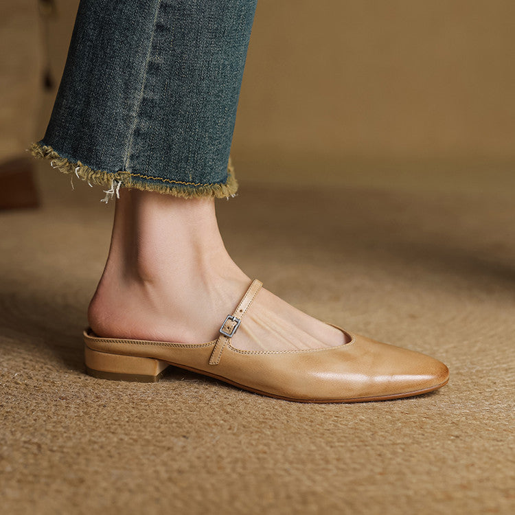 Mules femme en cuir véritable bout amande bride boucle