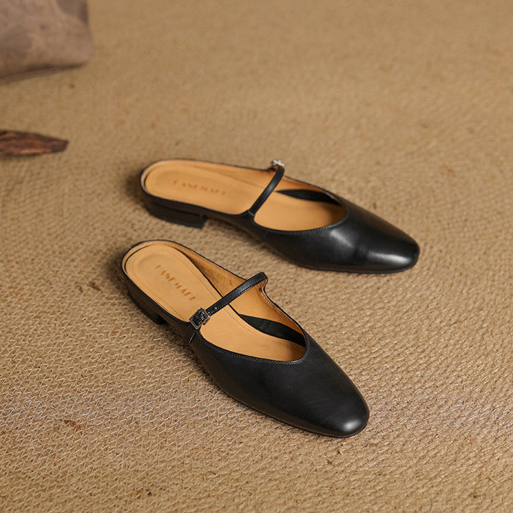 Mules femme en cuir véritable bout amande bride boucle