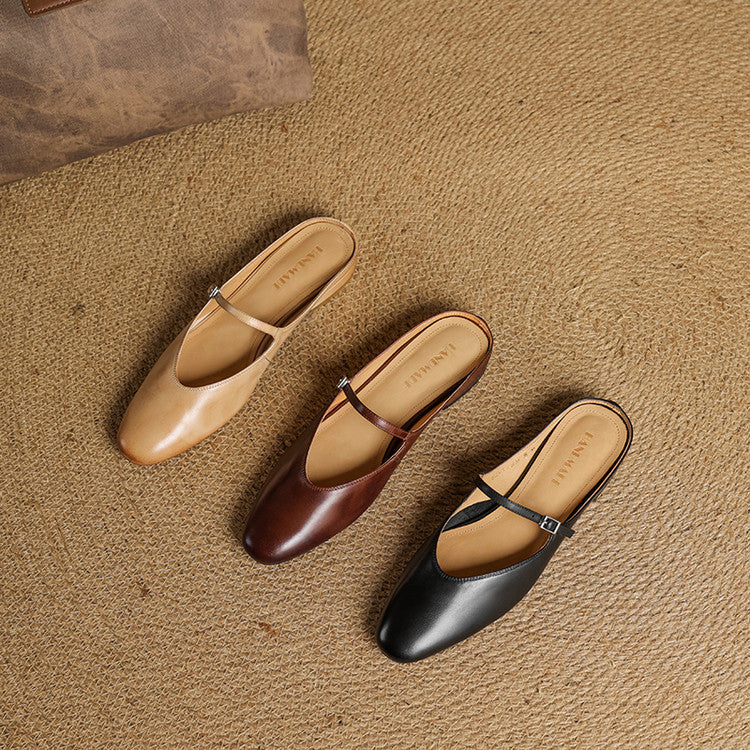Mules femme en cuir véritable bout amande bride boucle