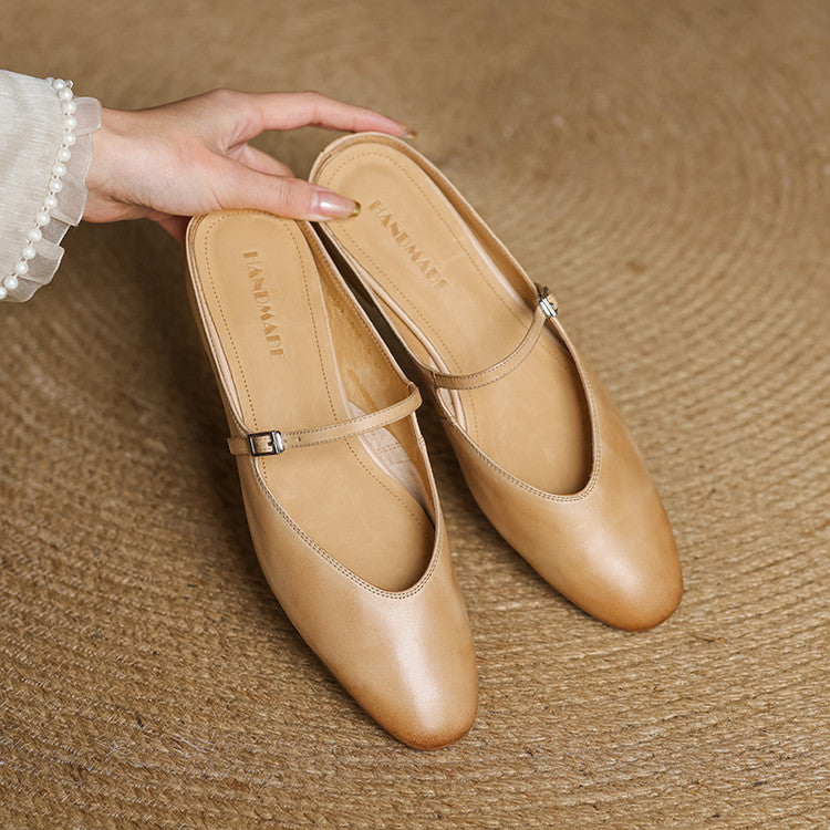 Mules femme en cuir véritable bout amande bride boucle