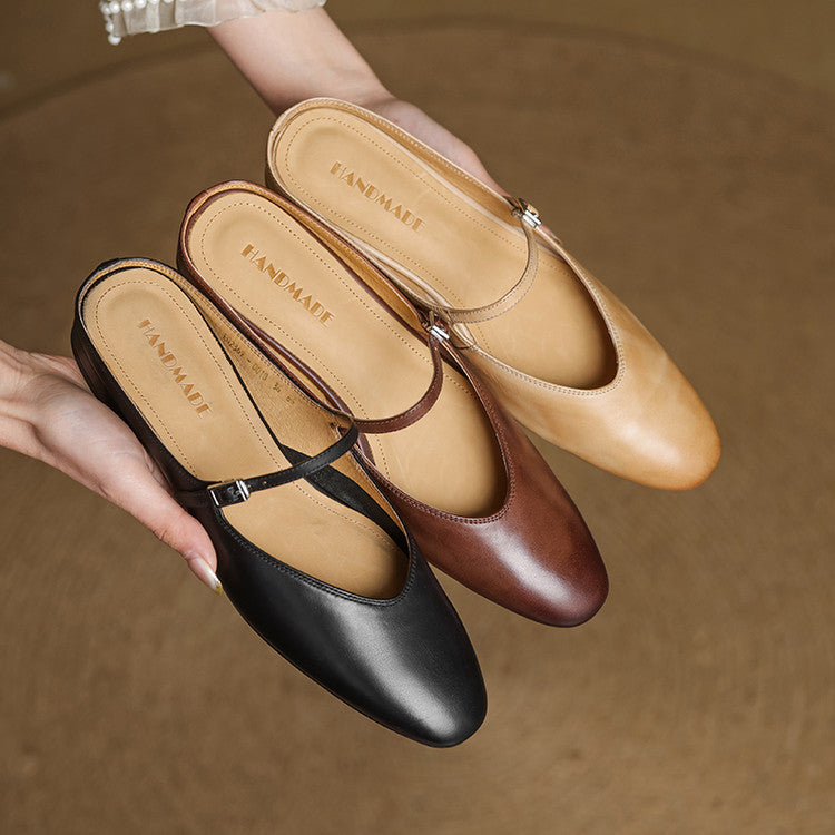 Mules femme en cuir véritable bout amande bride boucle