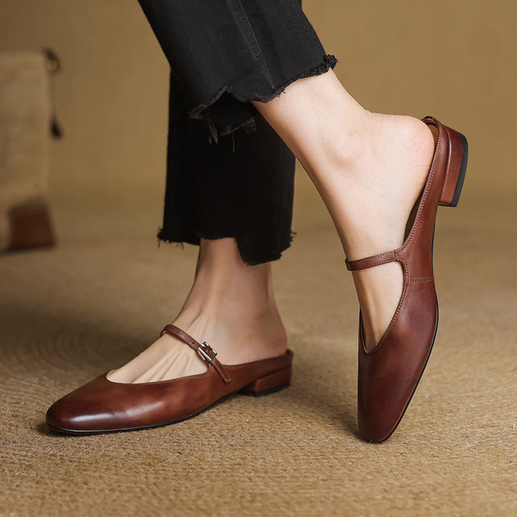 Mules femme en cuir véritable bout amande bride boucle - Marron
