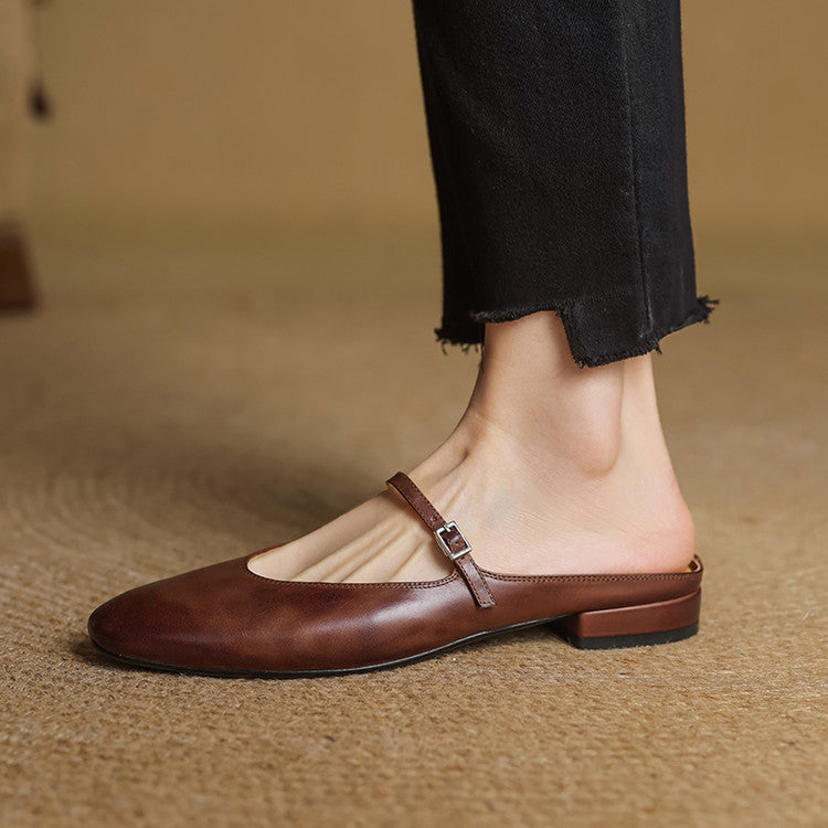 Mules femme en cuir véritable bout amande bride boucle